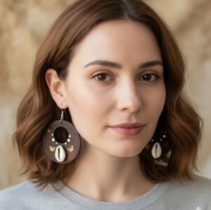Handmade round wooden hoop earrings, round wooden and sea shell dangle earrings